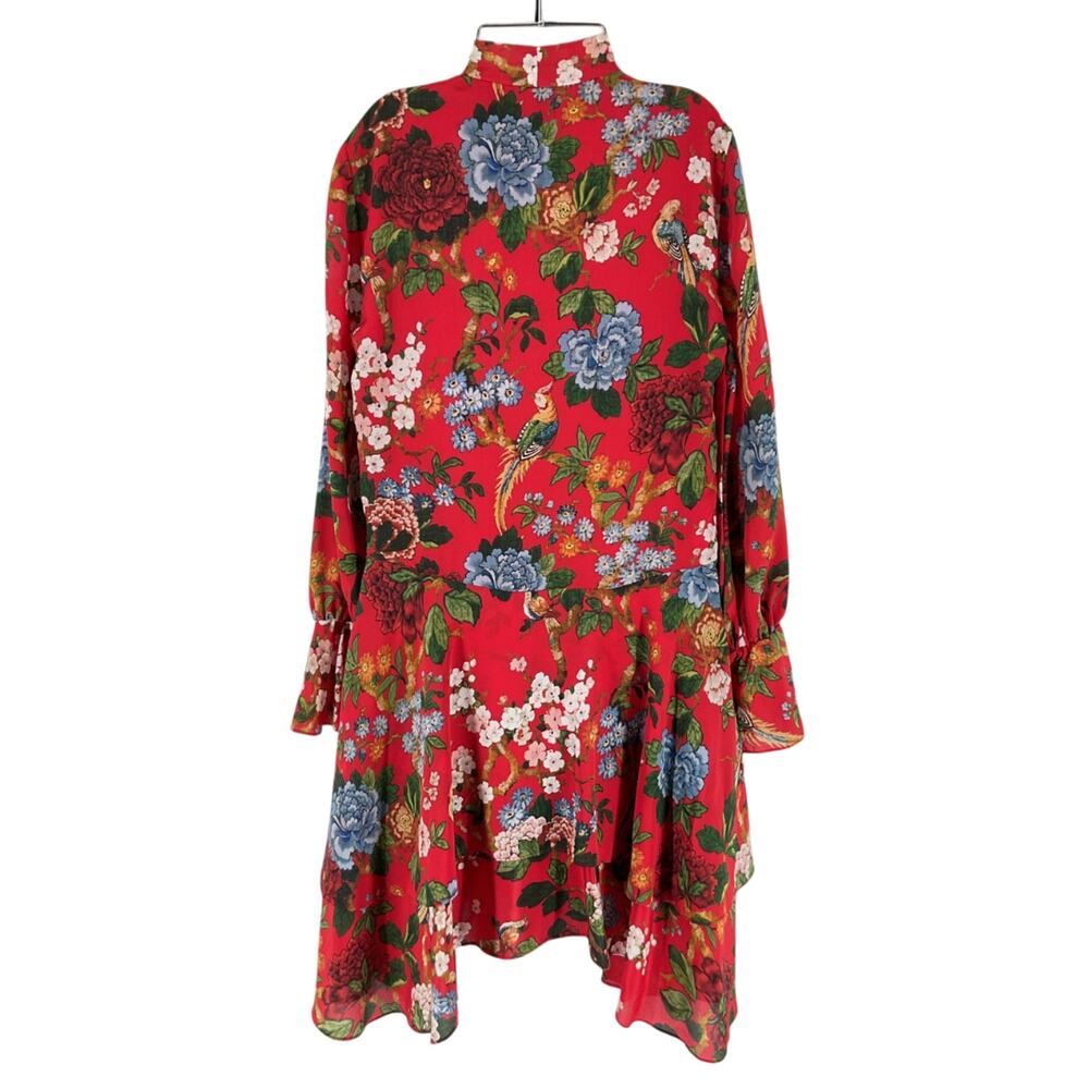 Alice And Olivia Vibrant Red Floral Tie Neck Ruffle Hem Dress Size XS - Picture 3 of 6